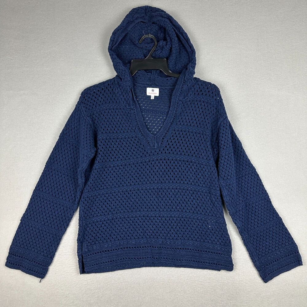 Sundry Womens Size Medium Crochet Beach Hoodie Navy Blue Cotton V-Neck Casual